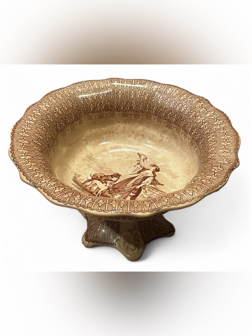 Antique Victorian Romantic Views Transferware Pedestal Bowl Earthenware Compote